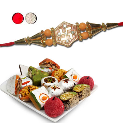 "Rakhi - FR- 8330 A (Single Rakhi), 500gms of Kaju Assorted Sweets (ED) - Click here to View more details about this Product